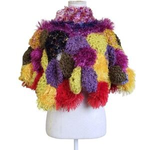 Handmade OS‎ Abstract 3D Pom Pom Colorful Crochet Pullover Textured Poncho Top